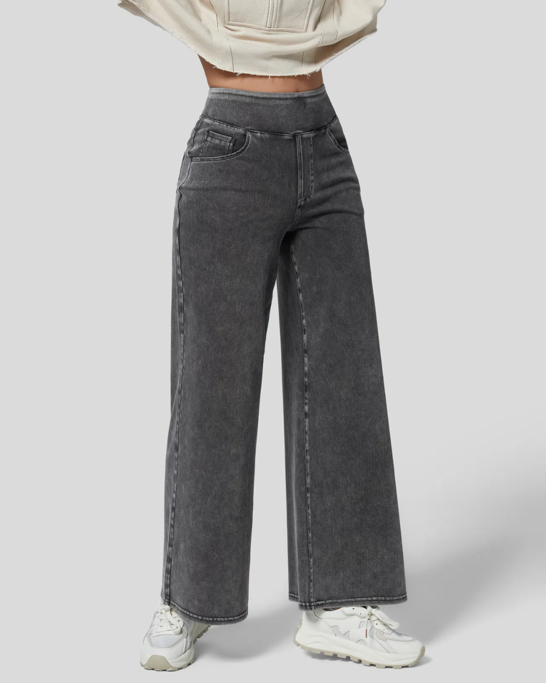 Pantalón Ancho de Cintura Alta con Varios Bolsillos para Mujer