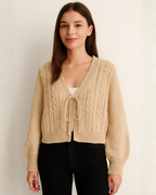 Cárdigan Corto de Punto Trenzado con Lazos para Mujer