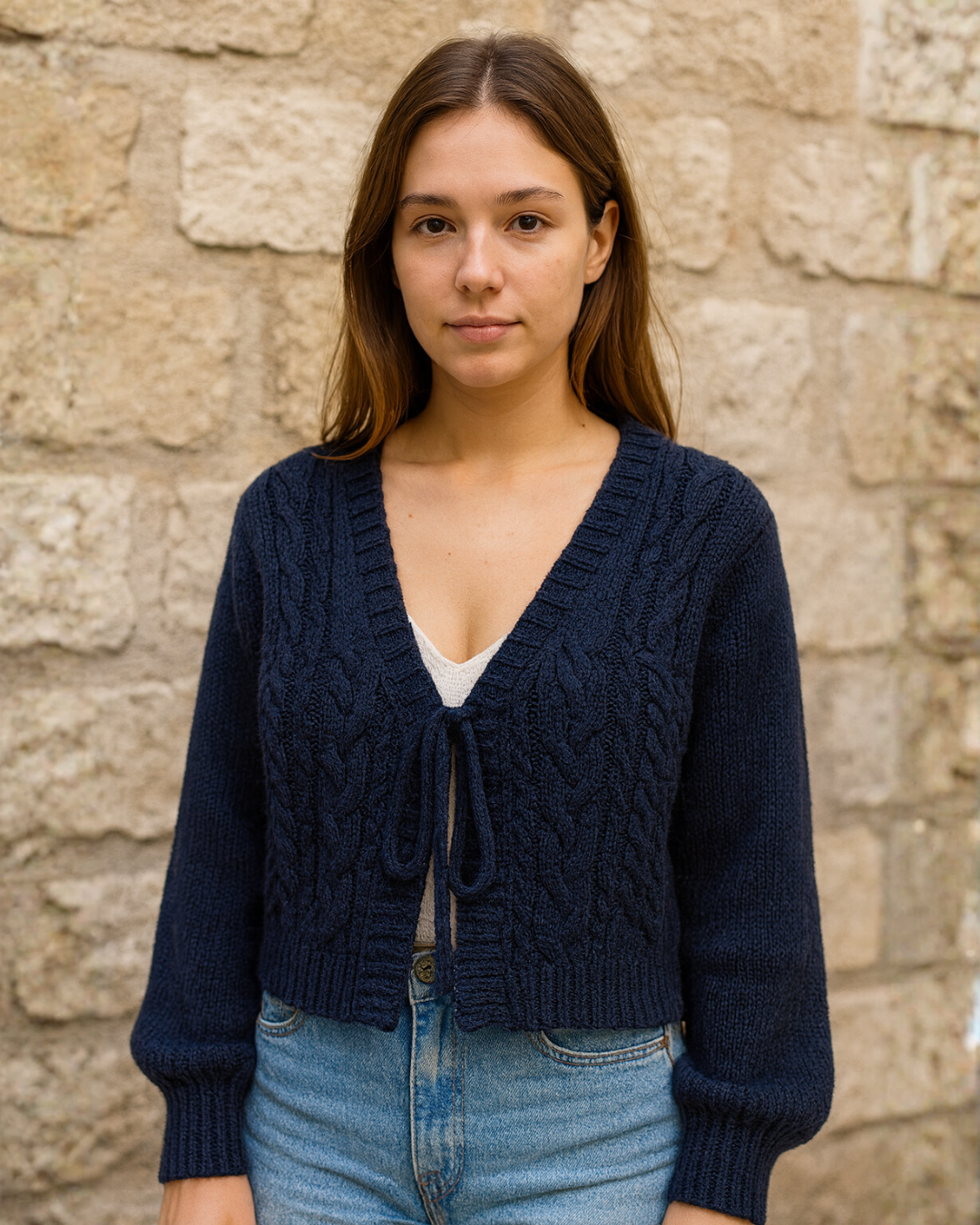 Cárdigan Corto de Punto Trenzado con Lazos para Mujer