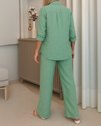 Conjunto de 2 Piezas Casual con Tejido de Algodón y Lino con Camisa de Botones Frontales y Pantalón Clásico