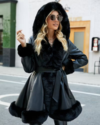 Chaqueta Larga Elegante de Cuero con Capucha para Mujer®