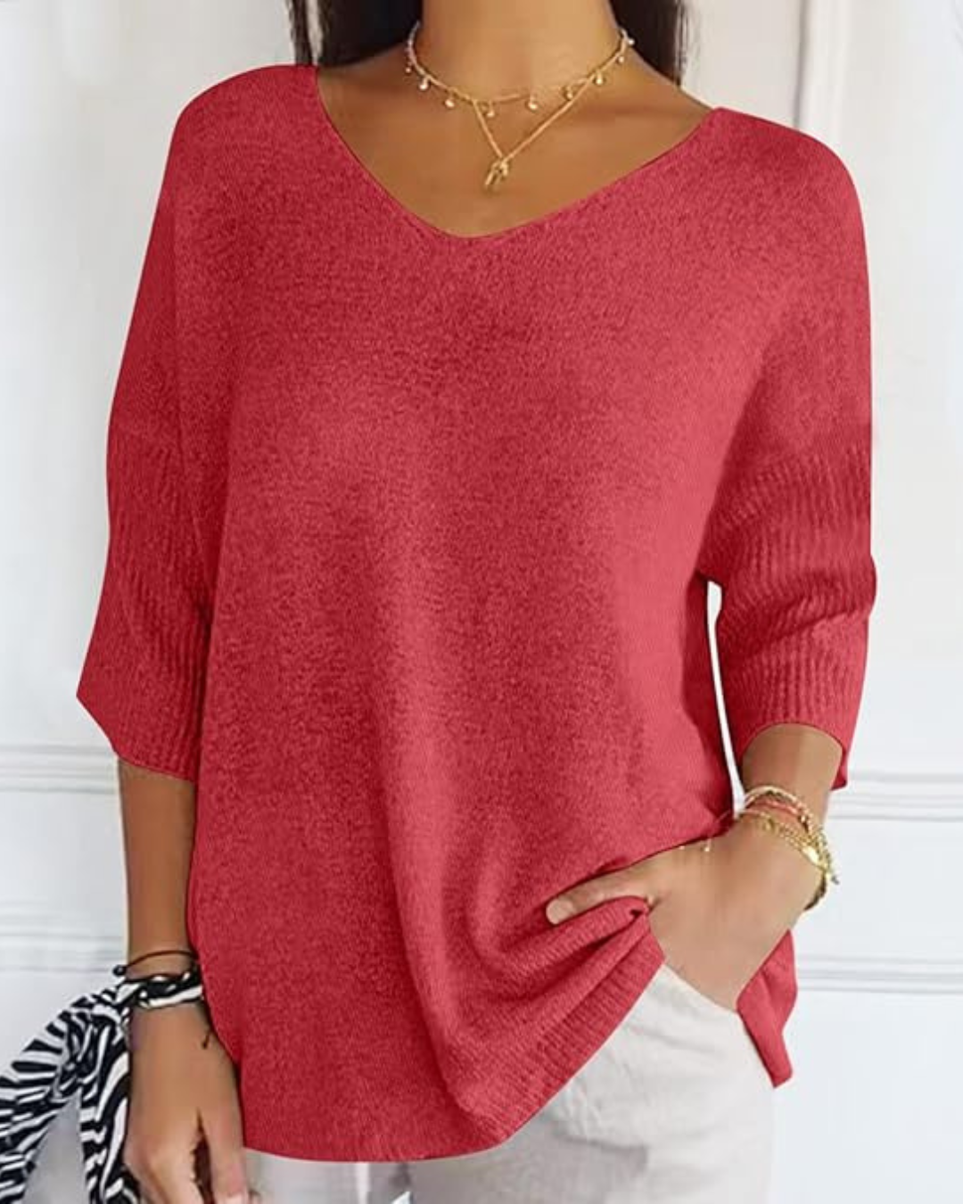 Blusa de Punto Ligera con Cuello en V y Manga Francesa para Mujer®