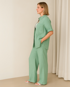 Conjunto de 2 Piezas Casual con Tejido de Algodón y Lino con Camisa de Botones Frontales y Pantalón Clásico