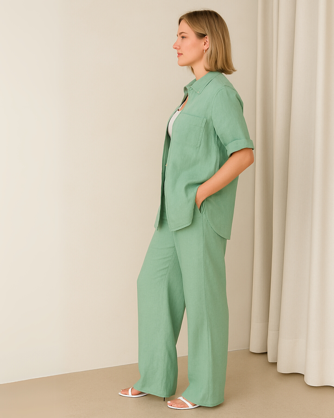 Conjunto de 2 Piezas Casual con Tejido de Algodón y Lino con Camisa de Botones Frontales y Pantalón Clásico