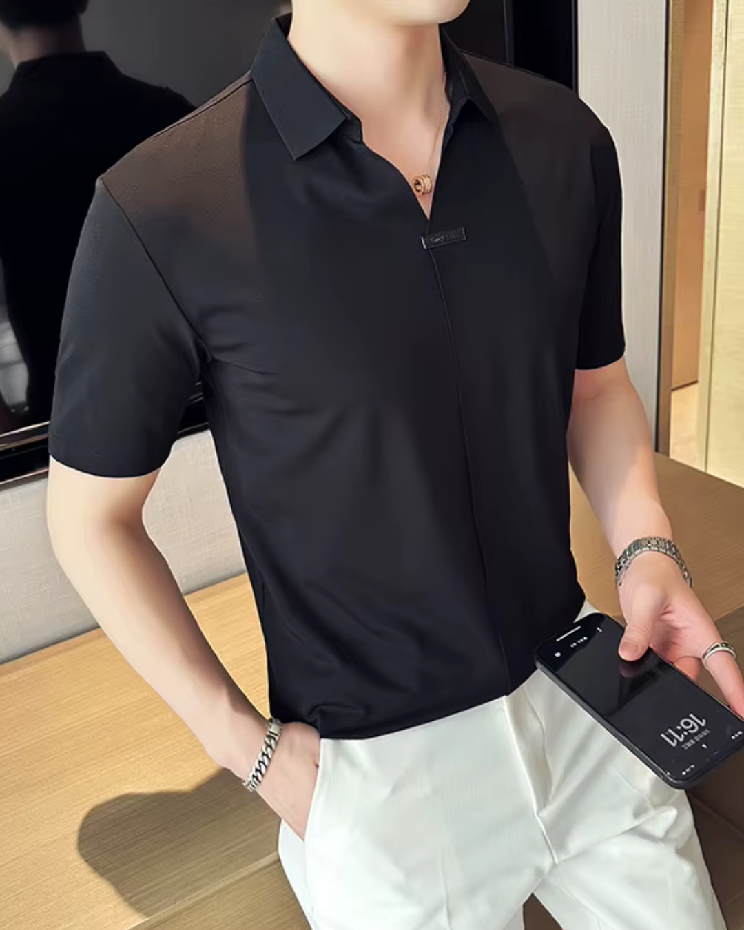 Polo de Hombre de Gran Elasticidad, Ligero, Suave y Resistente a las Arrugas en Color Liso
