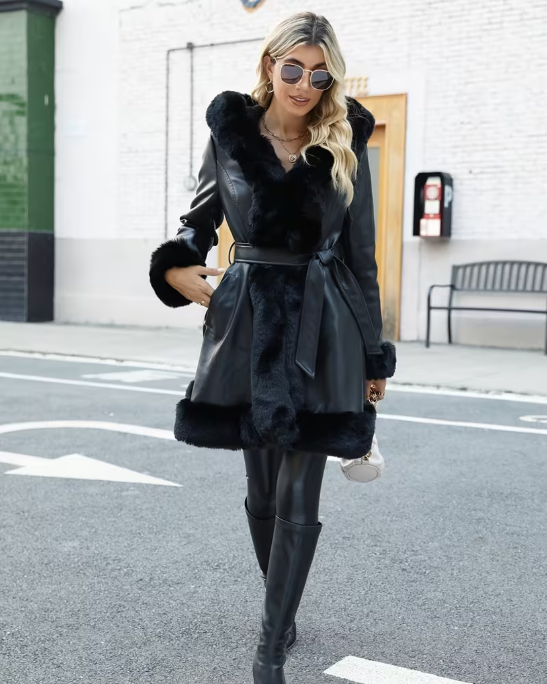 Chaqueta Larga Elegante de Cuero con Capucha para Mujer®