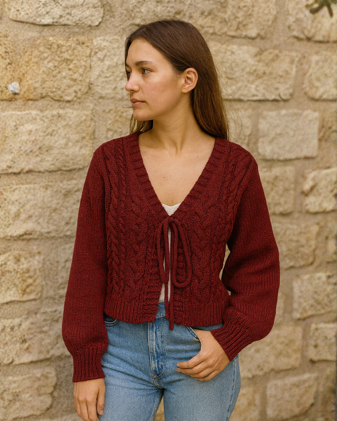 Cárdigan Corto de Punto Trenzado con Lazos para Mujer