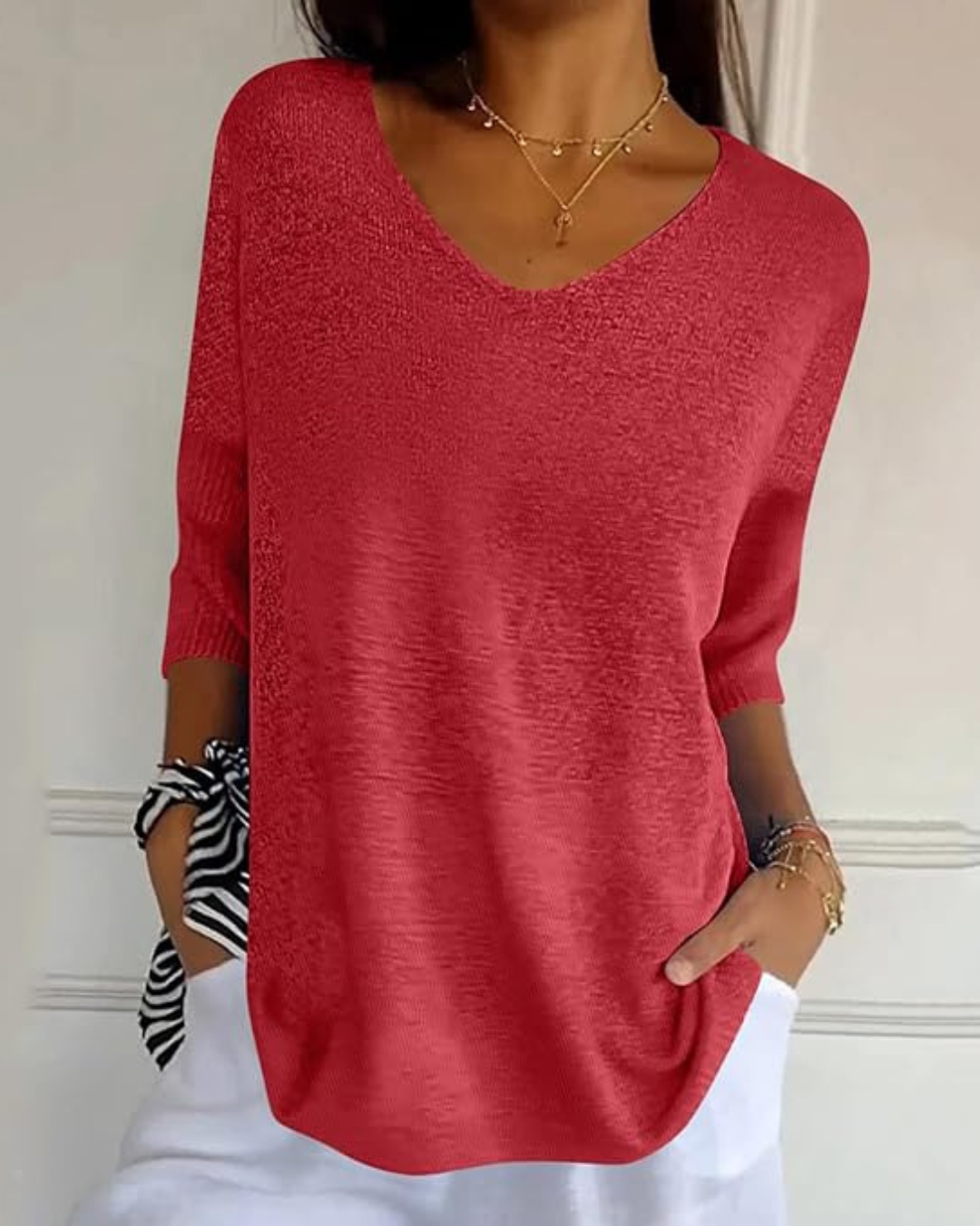 Blusa de Punto Ligera con Cuello en V y Manga Francesa para Mujer®