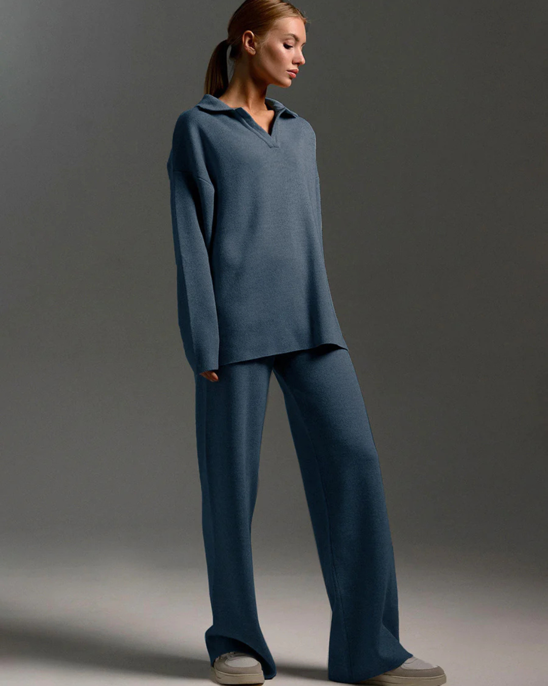 Conjunto de 2 Piezas para Mujer, Sudadera con Cuello de Polo y Pantalón de Pierna Ancha®