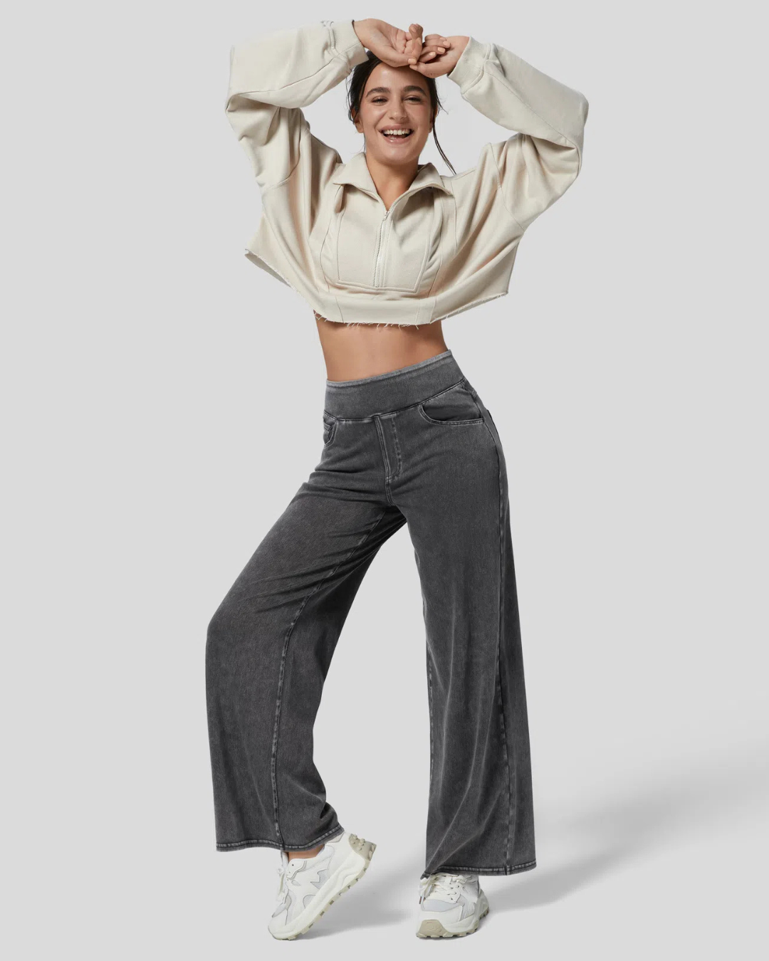 Pantalón Ancho de Cintura Alta con Varios Bolsillos para Mujer